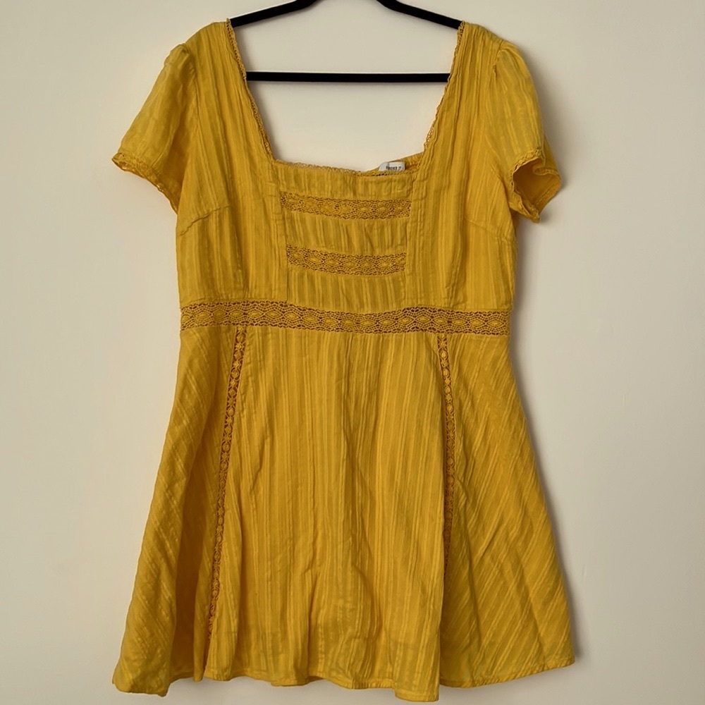 Yellow Square Neck Crocheted Dress
